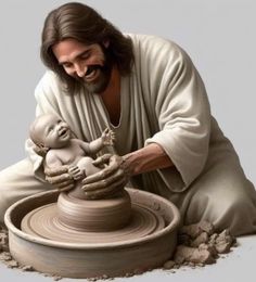 a man that is kneeling down next to a clay pot with a baby in it