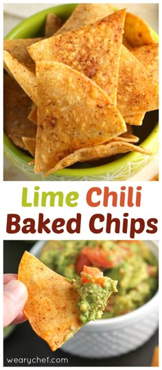 the recipe for lime chili baked chips is shown in three different pictures and includes guacamole