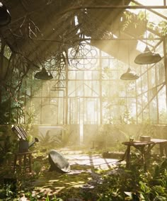 the inside of a greenhouse with lots of plants and benches in it, surrounded by greenery