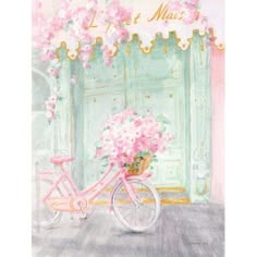 a painting of a pink bicycle with flowers in front of a green door that says let't miss