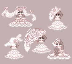 the pixel art work shows different types of dresses and hats