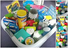 a basket filled with lots of cleaning supplies