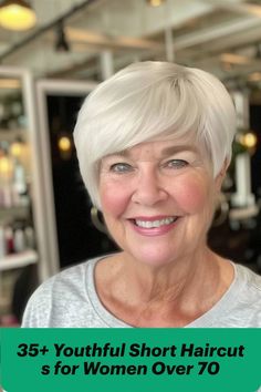 A short pixie cut with soft bangs, styled for a youthful and flattering look for women over 70 Short Pixie Cut With Bangs, Haircuts For Women Over 70, Hairdo Ideas, Hairstyles For Seniors, Short Shaggy Bob, Short Stacked Bobs, Asymmetrical Pixie Cuts, Pixie Cut With Bangs, Stylish Short Haircuts