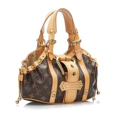 This Louis Vuitton Theda PM was made from Monogram Canvas. The Bag features brown vachetta leather trim, handles and straps, gold stud and buckle details, side drawstrings, a flat strap over the top opening with a gold buckle closure, and an interior compartment. The Bag is worn in the arm or in the hand. Cercei Din Lut Polimeric, Pm Monogram, Pretty Bags, Gold Stud, Vuitton Bag, Cute Bags, Gold Studs, Luxury Items, Monogram Canvas