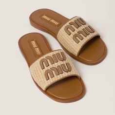 Find MIU MIU Raffia-effect Woven Fabric Slides on Editorialist. Upper with leather lettering logo Screen-printed logo Leather sole Leather Lettering, Flowers Photography Beautiful, Miu Miu Sandals, Fancy Sandals, Fabric Sandals, Raffia Sandals, Latest Sandal, Woven Sandals