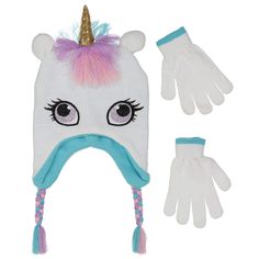 PRICES MAY VARY. Cold Weather Set Includes Beanie Hat and a pair of Gloves. Featuring Peak 2 Peak Unicorn Face. Hat is made of durable acrylic knit material for comfort and warmth. Acrylic gloves with ribbed cuffs. PEAK 2 PEAK Fun and stylish uniquely designed winter set. Designed for little girls age 4-7: APPROXIMATE HAT DIMENSIONS: 8.25" Length x 7.5" (W) - 2.5" (Pom). GLOVES DIMENSIONS: 6" (L) x 2.5" (W). Dress Your little Girl with this adorable two-piece Hat and Glove Peak 2 Peak winter set Unicorn Hat, Glitter Unicorn, Winter Cat, Kids Beanies, Unicorn Face, Tigers Eye Necklace, Knitted Animals, Winter Set, Shiny Fabric