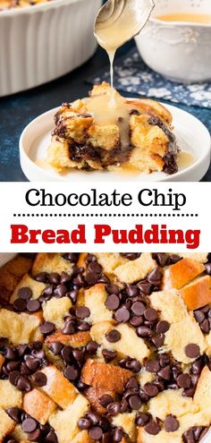 chocolate chip bread pudding is being drizzled with syrup