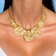 Ross-Simons - Italian Gold Over Ancient Arabic-Inspired Replica Coin Necklace. 18". Inspired by ancient Arabic coins, this statement necklace offers an unmissable sense of sophistication and style that is unique to itself. The graduated coins suspend from a chic cable chain, with smaller discs filling the space in between. Crafted in Italy of 18kt yellow gold over sterling silver with hammered and polished finishes for enhanced radiance. Graduates from 7/8" to 1 5/8" wide. Toggle clasp, 18kt gol Arab Gold Necklace, Thick Gold Jewelry, Ancient Gold Jewelry, Latina Gold Jewelry, Arab Jewelry Aesthetic, Gold Jewelry Arab, Arab Accessories, Aladdin Jewelry, Phoenician Jewelry