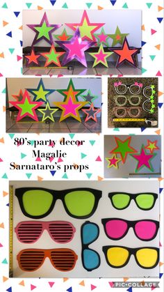 several different images of sunglasses and stars on the wall with text overlay that says, party decor maggil sannato's props