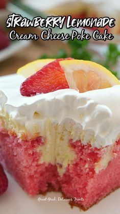 strawberry lemonade cream cheese poke cake on a plate