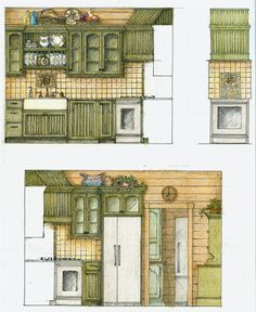 two drawings of kitchen cabinets and stoves in the same room, one is green