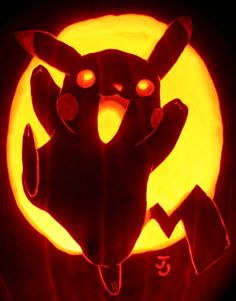 a pumpkin carved to look like a pokemon pikachu with glowing eyes in front of a full moon