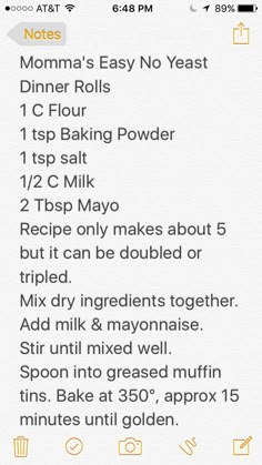 the recipe for mom's easy no yeast dinner rolls is shown on an iphone