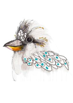 a drawing of a bird with feathers on it's head and blue dots around its eyes