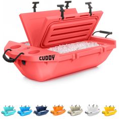 the cubby cooler with ice in it and six different color options for each one