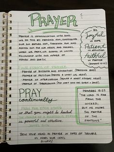 a notepad with writing on it that says prayer and the words prayer written in green ink