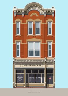 an illustration of a building with the words west end cafe on it