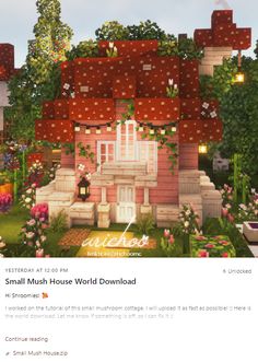 an image of a small house in the middle of a garden with flowers on it