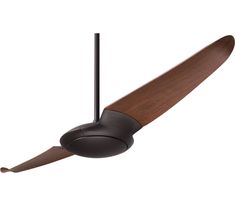 a brown ceiling fan with wooden blades on the blade and two black blades attached to it