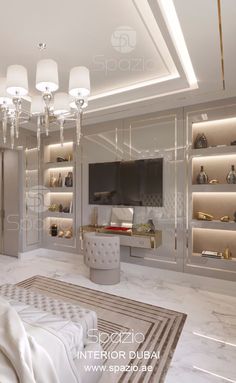 a living room with white furniture and chandeliers on the walls, along with shelves full of shoes