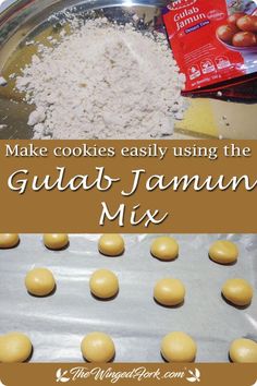 some cookies are being made in a pan with the words, make cookies easily using the guda - jamun mix