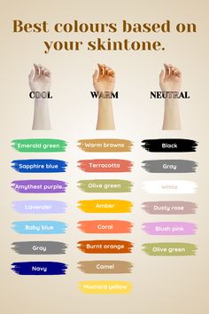 Enhance your natural beauty by choosing the right colors for your skin tone! From warm hues to cool shades, discover how to create a wardrobe and makeup palette that perfectly complements you. 🌟 Find out which colors suit you best and shine confidently every day! 💖👗  #StyleTips #ColorTheory #ConfidentYou Color Palette For Skin Tone, Warm Skin Tone Colors, Colors For Your Skin Tone, Neutral Skin Tone, Fashion Tricks, Elegant Lifestyle, Skin Undertones, Cool Shades, Warm Skin Tone