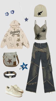 Idea: Star outfit, beige + blue ⭐ Star Related Outfits, Star Core Clothes, Y2k Star Aesthetic Outfits, Cute Star Outfits, Star Gazing Outfit, Y2k Star Fashion, Star Theme Outfit