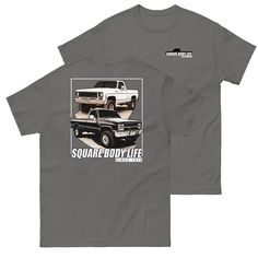 "This T-shirt was designed exclusively for Square Body Squarebody Chevy Truck Enthusiasts and is based on 73-87 K10 trucks.  Introducing our Square Body Life T-Shirt, the perfect choice for truck enthusiasts and vintage truck lovers. This classic tee showcases the iconic squarebody trucks of the '70s and '80s, capturing the essence of a bygone era. Featuring a captivating graphic with two squarebody trucks, this shirt is a nostalgic tribute to these legendary vehicles. The words \"Square Body Li Chevy Truck Shirts, Squarebody Chevy, Cowboy Valentines, American Stuff, Country Fits, Country Clothes, Truck Shirt, Western Clothes, Work Fits