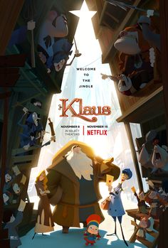 the movie poster for klaas is shown with many animated characters in an open doorway