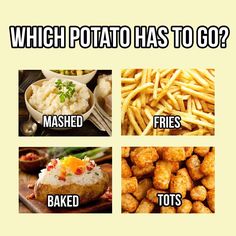 four different types of food with caption that reads which potato has to go? mashed, raw squid, tots and potatoes