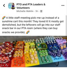 an image of a rainbow colored table with snacks on it and the caption that reads, pto and pta leaders & micelle wahin oh