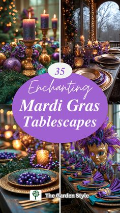 an assortment of mardi gras tablescapes with purple and gold decorations on them