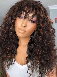 PRICES MAY VARY. Material：The upgraded fiber is soft and resistant to high temperatures, closer to the touch of human hair, and can keep your hairstyle unchanged for a long time. Wig Style：Designed specifically for you who like curly hair, the style of medium-length curls with bangs and fluffy styling may be difficult for most people, but for the aisihair brand, this is no longer a problem. Product details advantages：Our products use headgear that can be adjusted in size and elasticity, and use hair caps with good breathability, allowing you to have a more comfortable wearing experience and feel confident about your beauty. Easy to wear：Quickly change your hairstyle without using glue. Just adjust your head size to fit you, put on the wig, and complete the hairstyle change in one second. Y Curls With Bangs Black Women, Side Bangs With Curly Hair, Curly Brown Wig With Highlights, Long Curly Wig With Bangs, Brown Curly Wigs For Black Women, Big Curly Hair With Bangs Black Women, Long Curly Weave, Medium Length Curls, Dyed Curly Hair