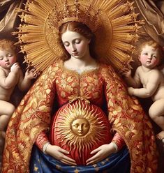 the virgin mary and two children are depicted in an ornately decorated painting, with gold accents