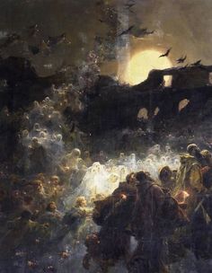 a painting of people standing in the water with bats flying over them and onlookers