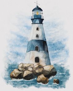 a watercolor painting of a light house on rocks in the middle of the ocean