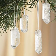 three clear glass ornaments hanging from a pine tree