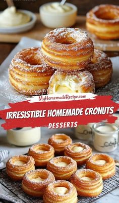 there are many different types of homemade cronuts on the table and in front of them