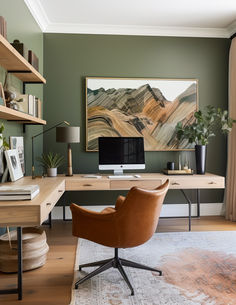 a home office with a desk, chair and computer on top of the desk in front of a large painting