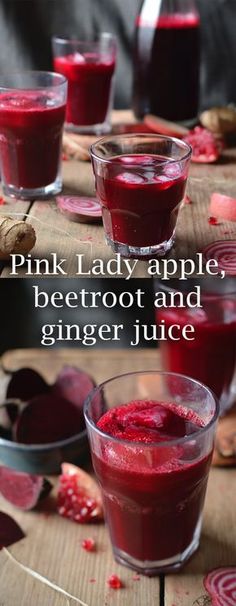 pink lady apple beetroot and ginger juice in small glasses on a wooden table