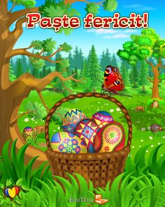 a basket filled with eggs in the middle of a forest next to a red butterfly