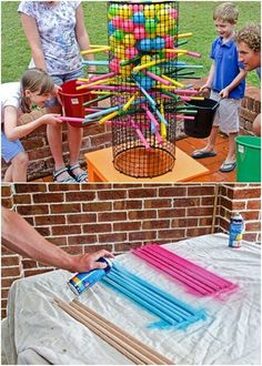 kids playing with colored sticks in a birdcage