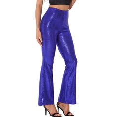 Shimmering with thousands of silvery custom-crafted sequins, these bell bottoms could outshine an entire galaxy of stars. These versatile high-waisted party pants are comfy, and stretchy and match everything. Shimmering sequins take flare pants from polished to party-ready. The zippered waist lets you ease the regular fit of these flare-leg pants topped with stretch fabric for comfy party wear. Blue Sequined Bottoms For Party Season, Glamorous Purple Bottoms For Night Out, Blue Sequined Wide Leg Bottoms, Disco Style Bottoms For Spring Costume Party, Glamorous Blue Bottoms For Night Out, Shiny Fitted Bottoms For Party, Fitted Shiny Bottoms For Party, Fitted Blue Sequin Bottoms, Fitted Purple Bottoms For Party Season