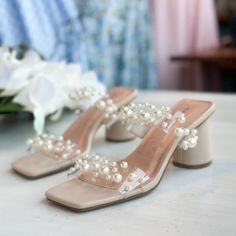 These Pearl Adorned Strap Heels offer a unique style with clear strap sandals embellished with beautiful pearls. Their 3-inch squared heel provides an alluring balance of fashion and comfort for any special occasion. Show off your individual style with these stylish heeled sandals! Short Heels For Wedding, Philanthropy Outfits, 4 Bridesmaids, Bride Hairstyles With Veil, Senior Recital, Bridesmaid Dresses Black, Hoco 2024, Senior Hoco, Hairstyles With Veil