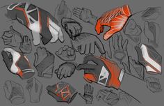 an image of many different sports gloves and mitts on a gray background with black and white lines