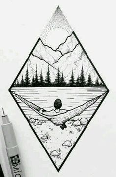 a black and white drawing of a person floating in a hammock on the water