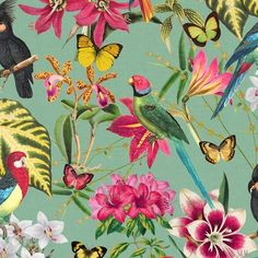 an image of birds and flowers on a green background that is very similar to the wallpaper