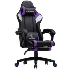 a black and purple gaming chair with wheels