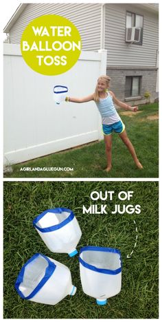 two pictures showing how to make water balloon tosses with milk jugs and cups