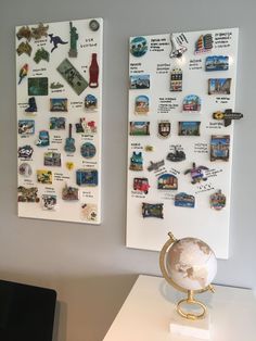 a desk with a globe and some magnets on it